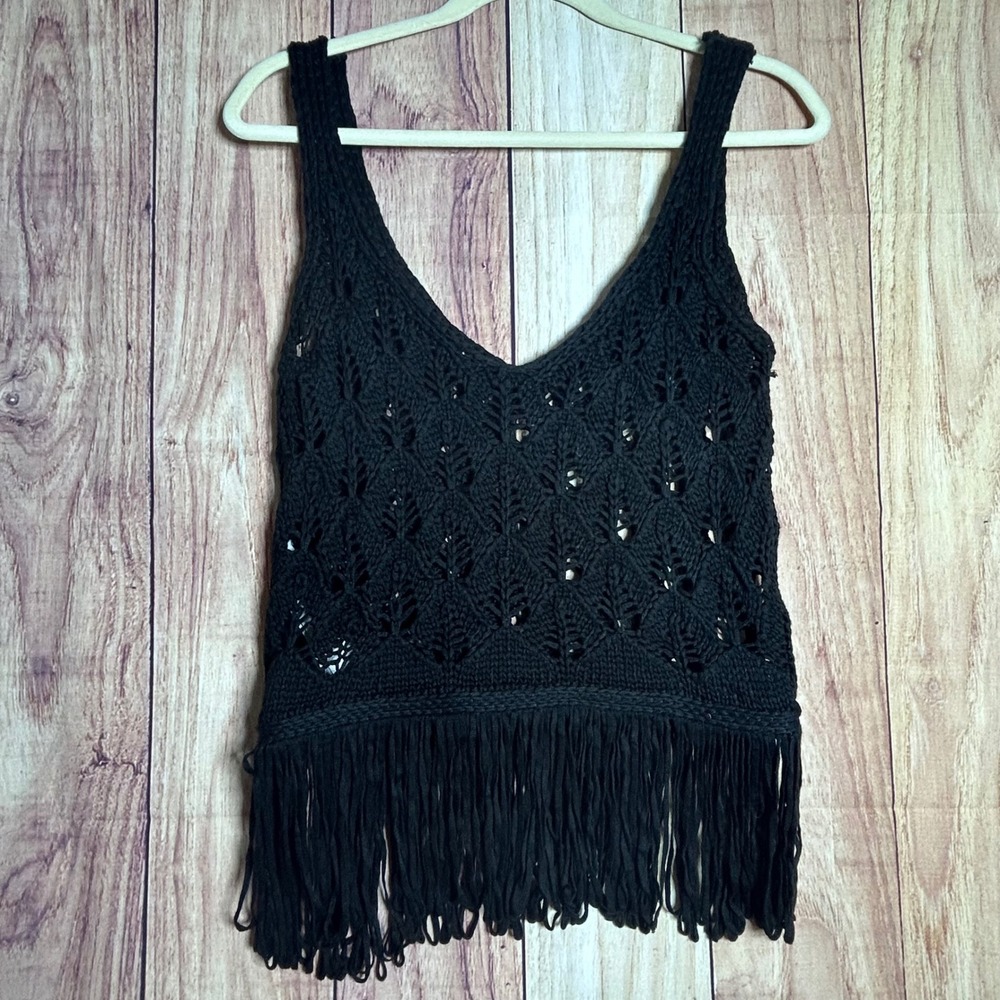 Zara Crochet Tank Top Women Small Black Fringe Pointelle Boho Festival - Picture 2 of 7